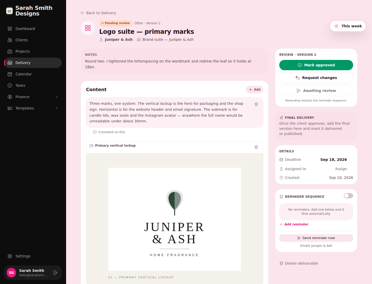 A deliverable open for review with notes, content, approve and request-changes buttons, and a reminder sequence