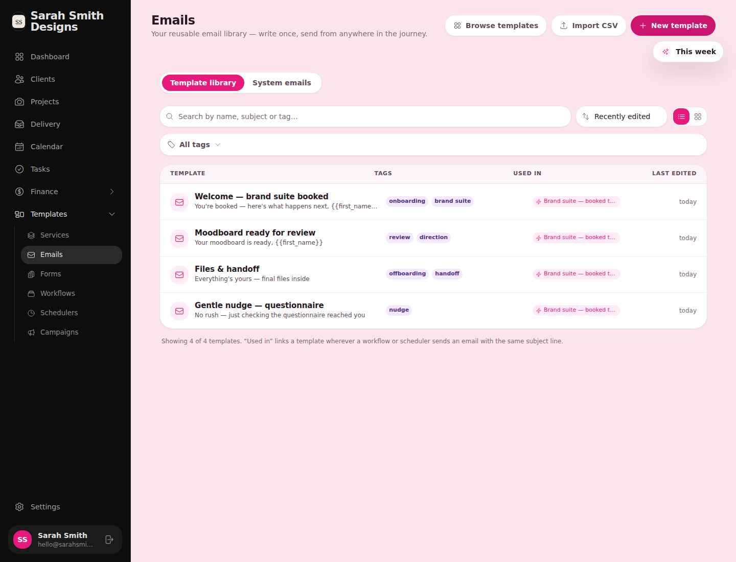 Email template library showing four templates with tags and where each is used