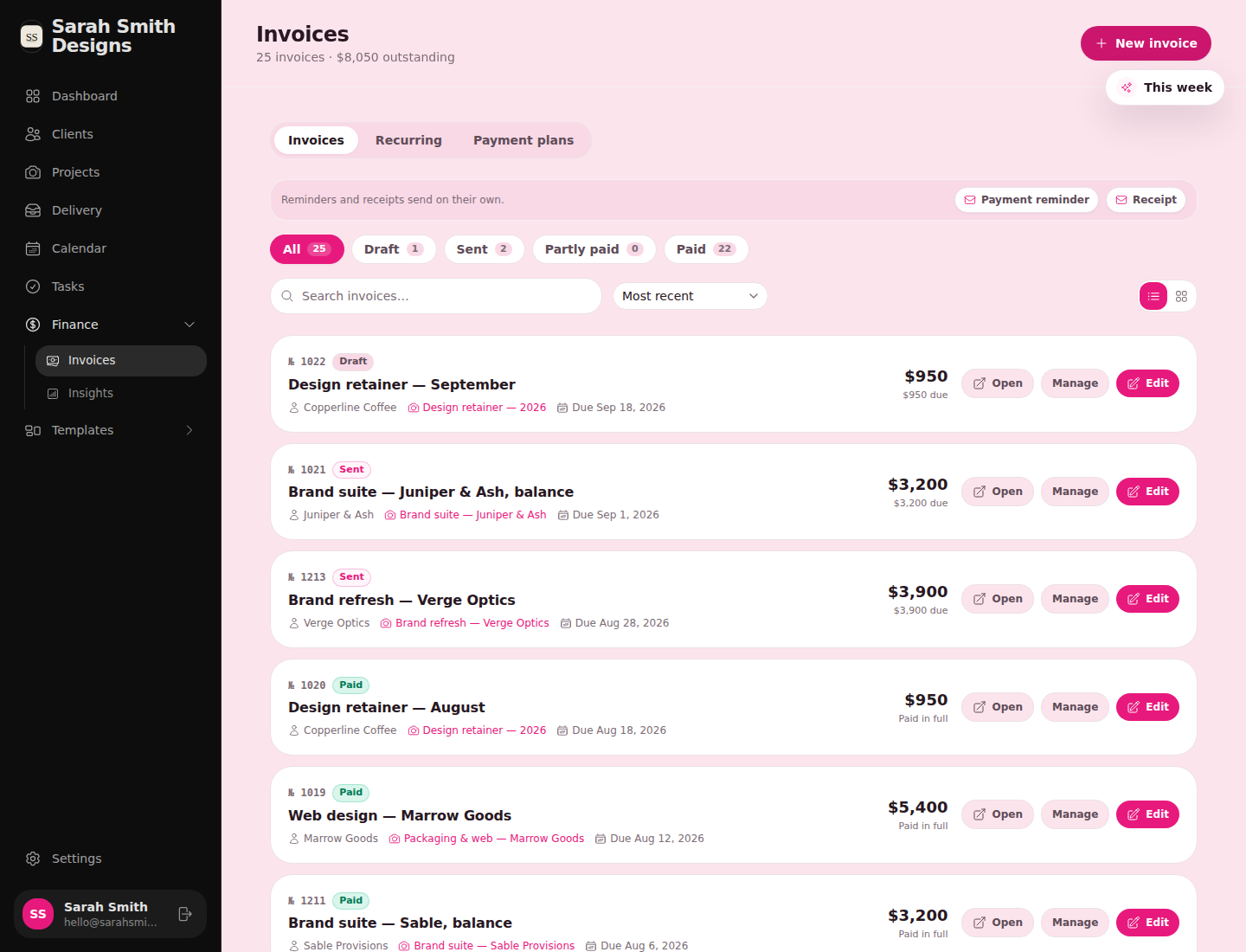 Invoices list with status filters and outstanding balance