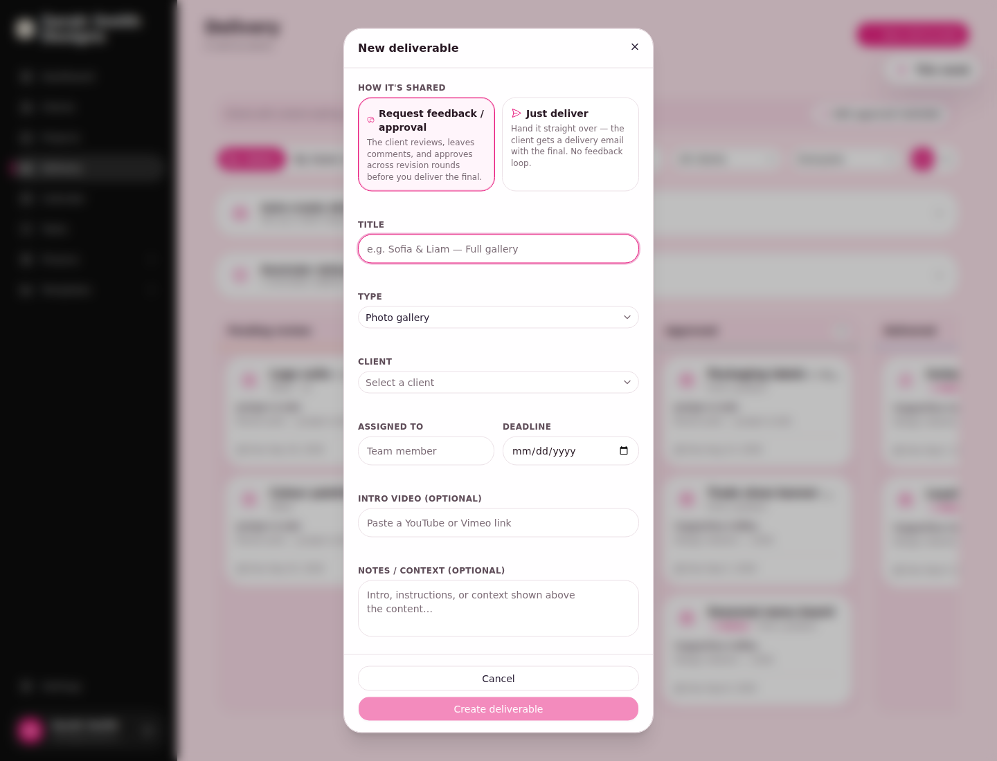 New deliverable dialog with a choice between request feedback or approval and just deliver