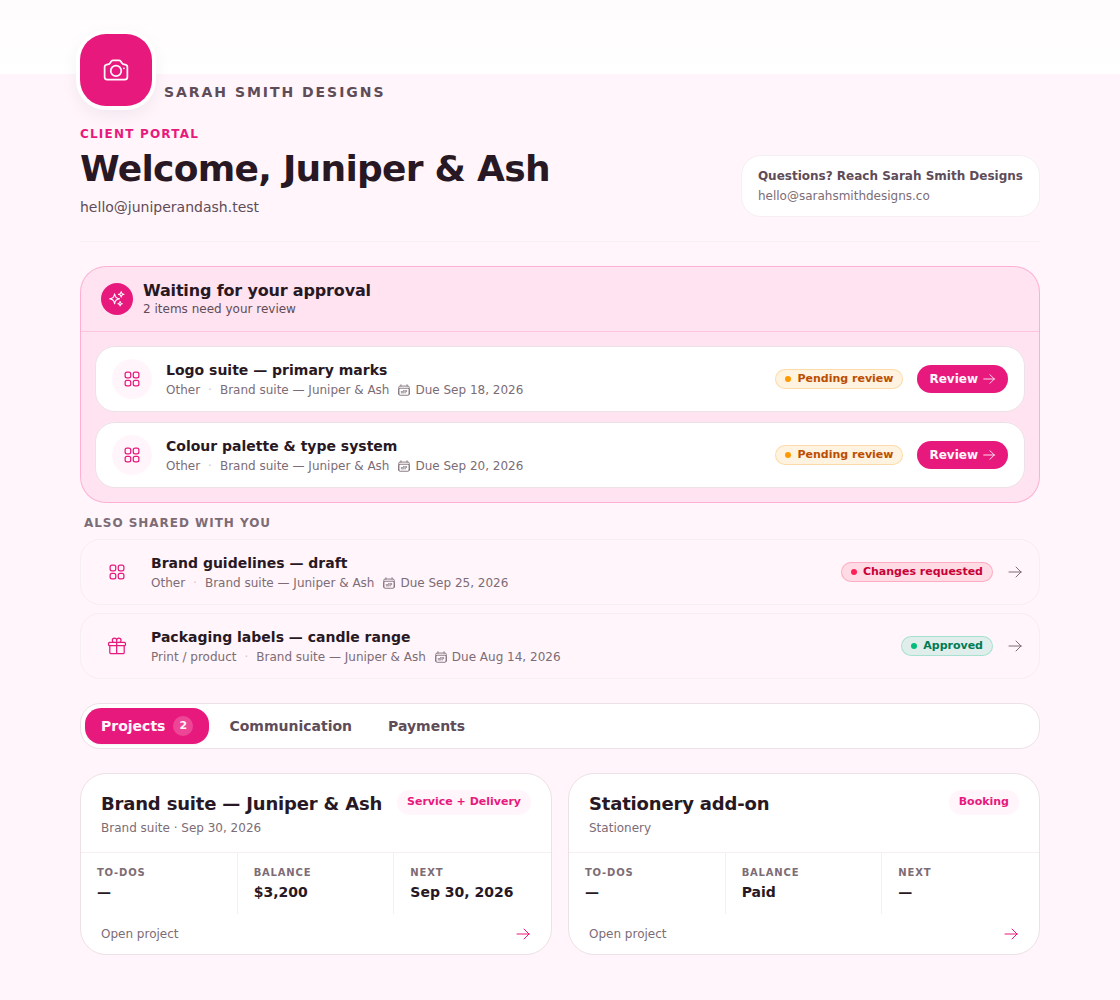 Client portal home for Juniper and Ash: two items waiting for approval, other shared deliverables, and project cards