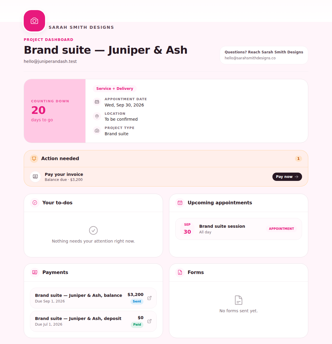 Client project dashboard: a countdown to the appointment, an invoice to pay, to-dos, upcoming appointments, payments and forms