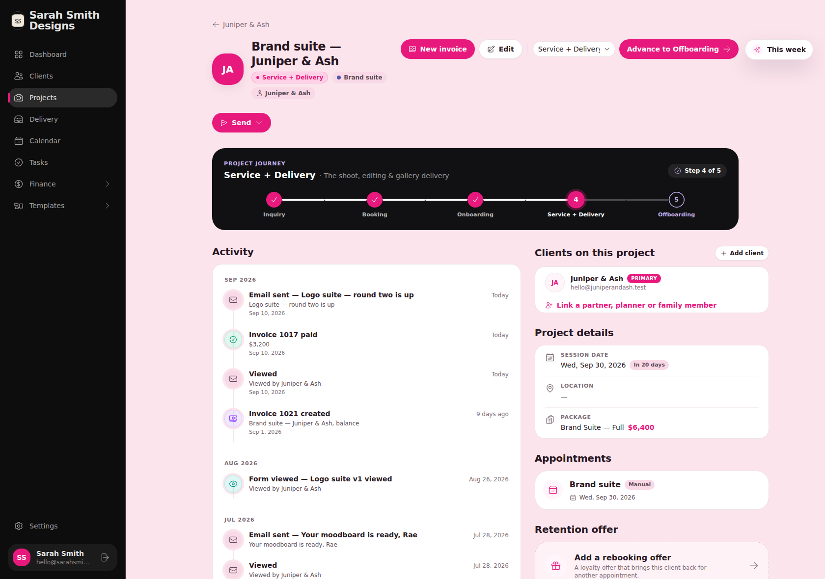 A project in Routine Flamingo showing the five-stage journey bar, activity log, client details, appointments and a retention offer