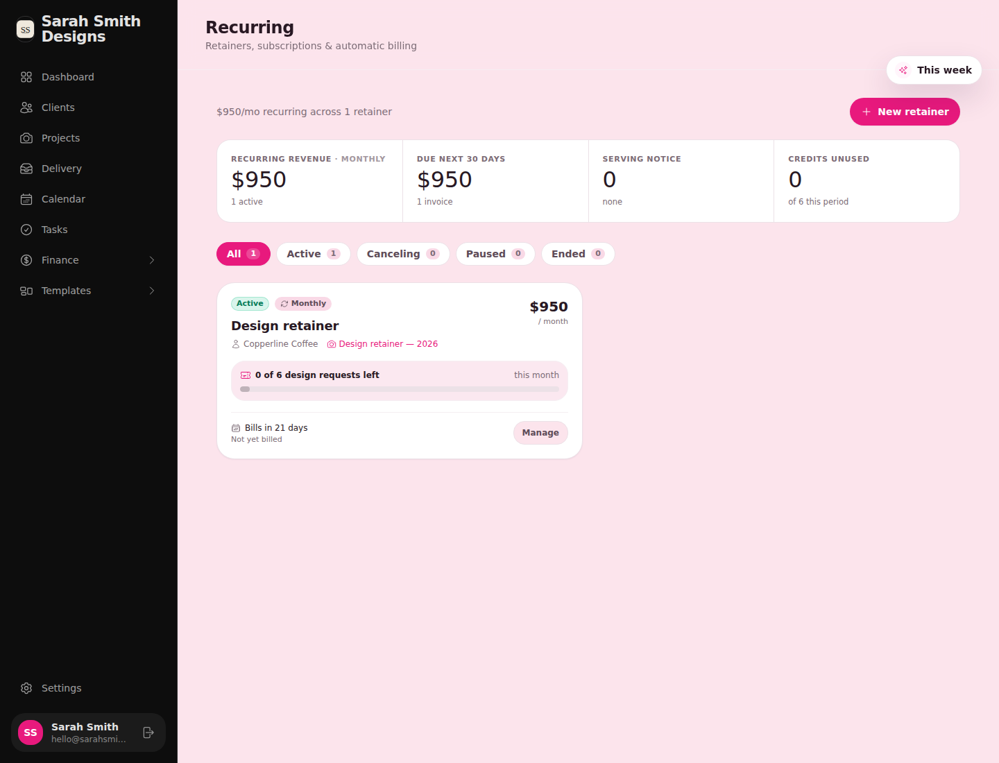 Recurring billing: a monthly design retainer with six requests per month