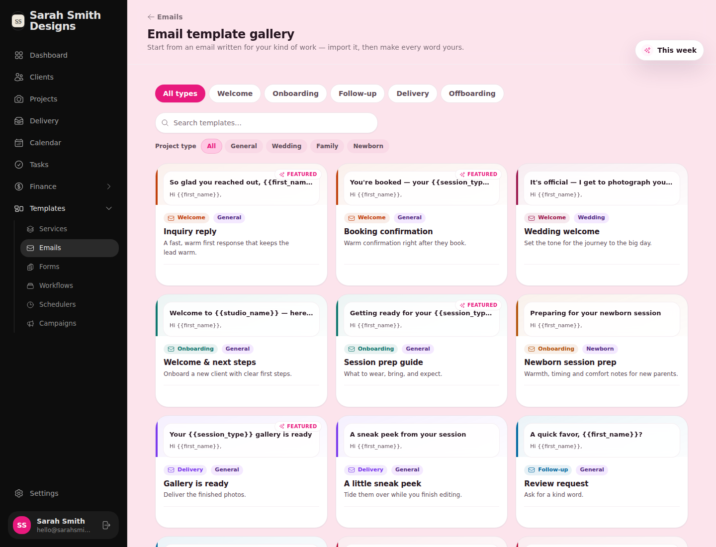 Email template gallery filtered by welcome, onboarding, follow-up, delivery and offboarding