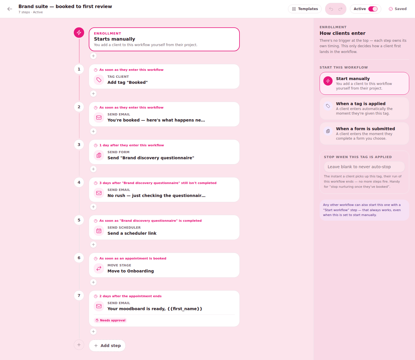 The Brand suite booked-to-first-review workflow: seven steps that tag the client, send emails, a questionnaire and a scheduler link, and move the stage